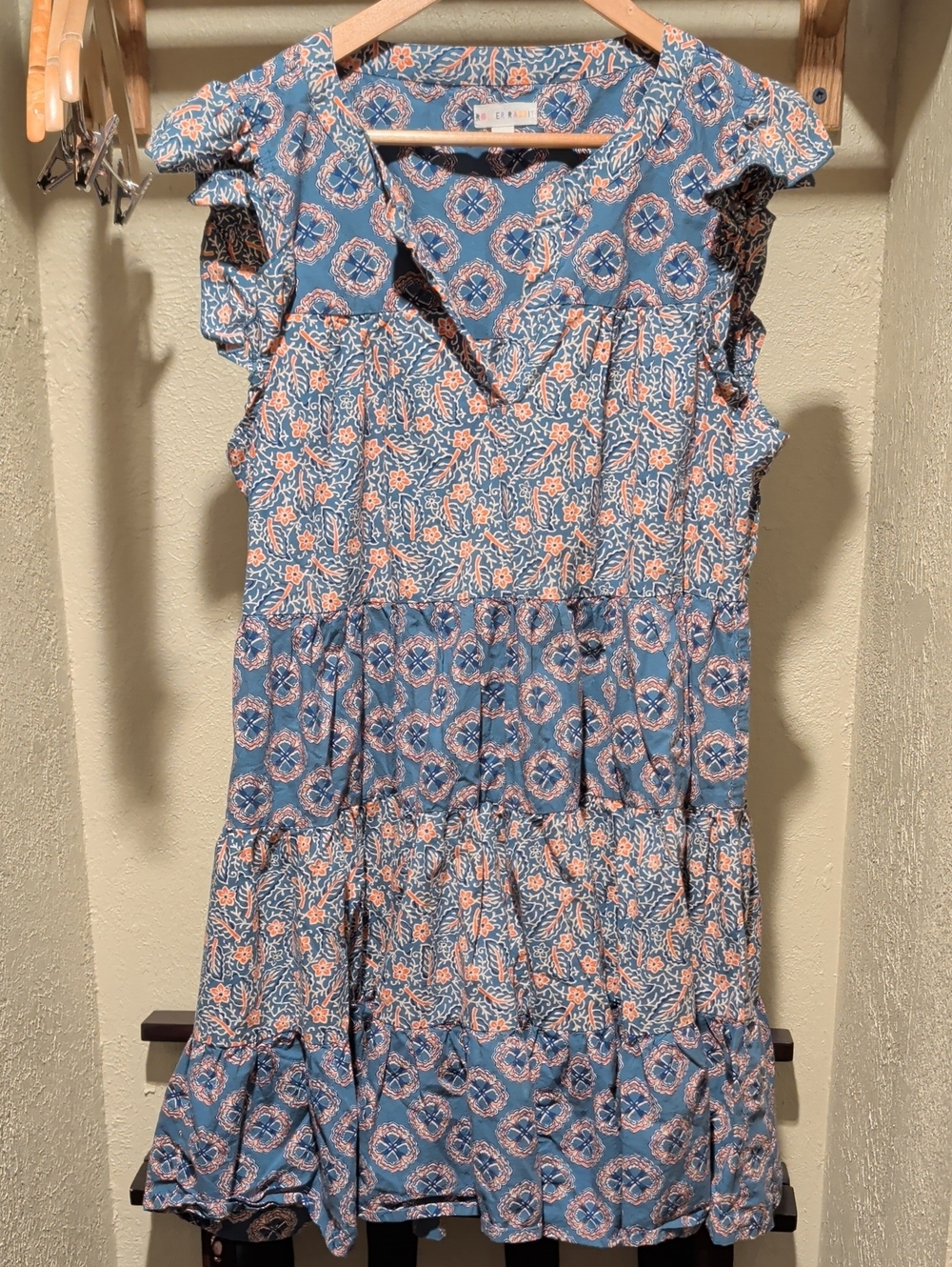 Roller Rabbit 100% Cotton Blue Floral Tiered Midi Dress with Peach Accents